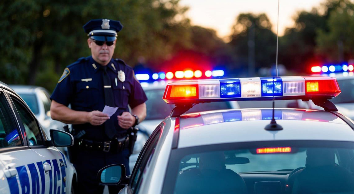 A car being pulled over by police, with red and blue lights flashing, while the driver undergoes a field sobriety test