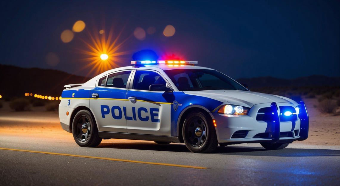 A car being pulled over by a police car with flashing lights on a desert road at night